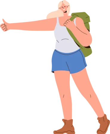 Young Woman Hitchhiker Character Standing And Waving Hand Trying To Stop Car For Traveling Vector Illustration Isolated On White Background Body Language Trip Enjoyment And Hitchhiking Concept Illustration