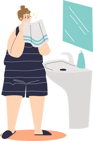 Young woman standing in front of mirror with towel after cleansing skin  Illustration