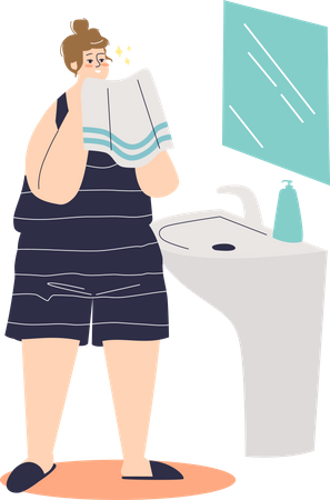 Young woman standing in front of mirror with towel after cleansing skin  Illustration