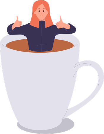 Young woman standing in giant coffee cup gesturing thumbs up  Illustration