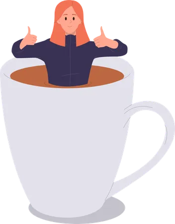 Young woman standing in giant coffee cup gesturing thumbs up  Illustration