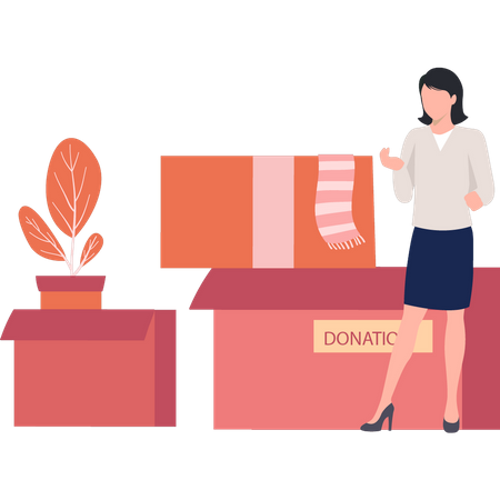 Young woman standing near donation box  Illustration