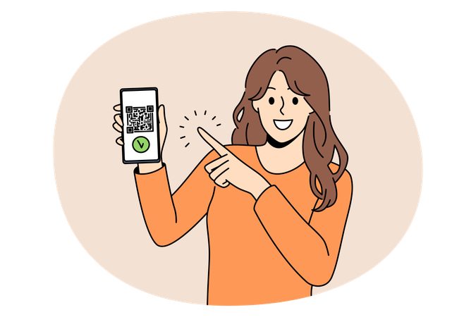 Young woman standing pointing at smartphone screen with qr code and payment confirmation  Illustration