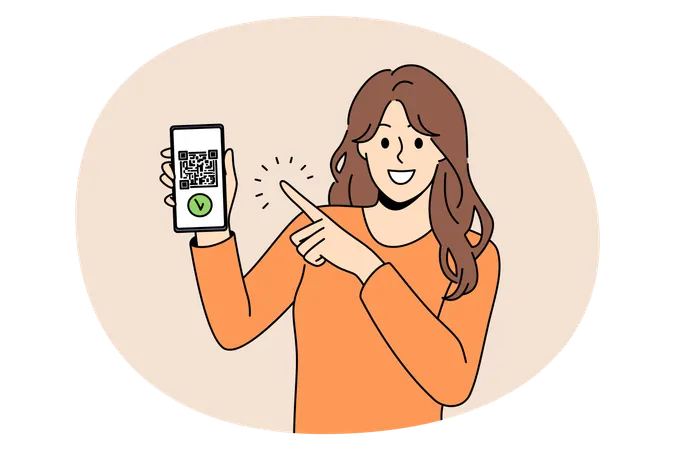 Young woman standing pointing at smartphone screen with qr code and payment confirmation  Illustration