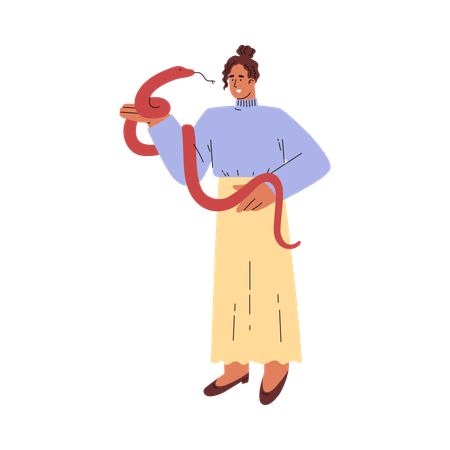 Young woman stands and holds red snake in hands  Illustration