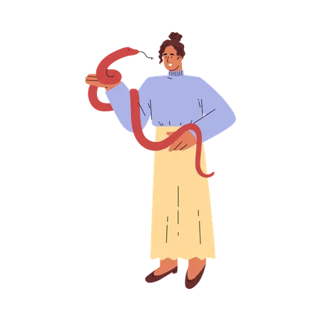 Young woman stands and holds red snake in hands  Illustration