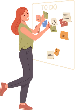 Young woman sticking adhesive note Illustration