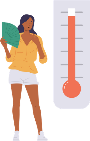 Young woman suffering from high temperature degree on thermometer  Illustration