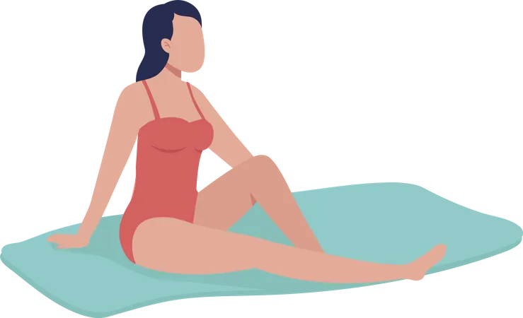 Young Woman Sunbathing On Beach Semi Flat Color Vector Character Posing Figure Full Body Person On White Taking Sunbath Isolated Modern Cartoon Style Illustration For Graphic Design And Animation Illustration