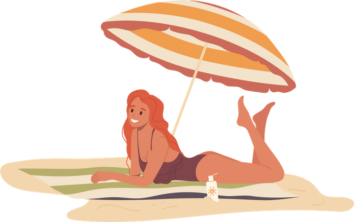 Young woman sunbathing under umbrella sunshade relaxing on summer tropical beach  일러스트레이션