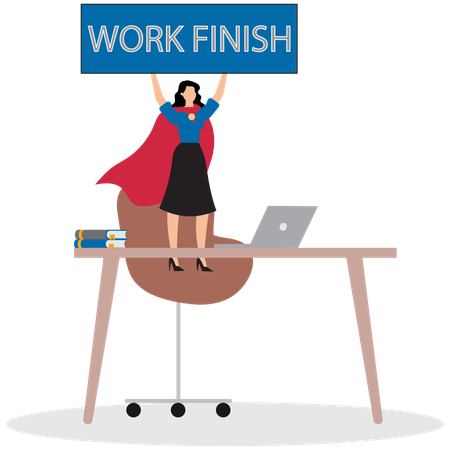 Young woman superhero finish work on office desk  Illustration