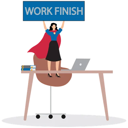 Young woman superhero finish work on office desk  Illustration