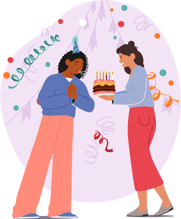 Young Woman Surrounded By Her Close Female Friend with birthday cake  Illustration