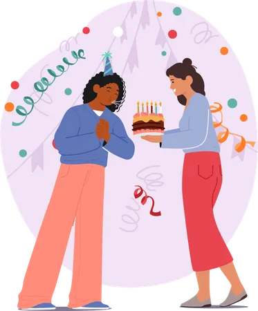 Young Woman Surrounded By Her Close Female Friend with birthday cake  Illustration