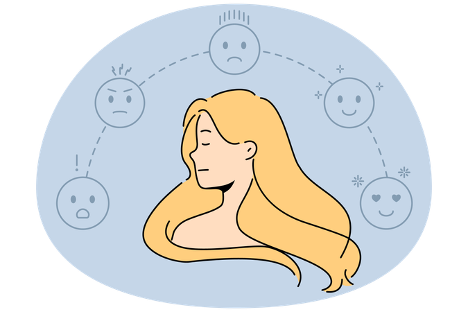 Young woman surrounded with emojis with different emotions  Illustration