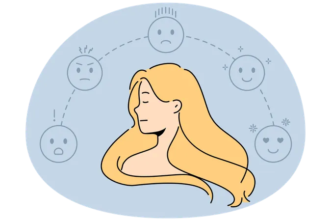 Young woman surrounded with emojis with different emotions  Illustration