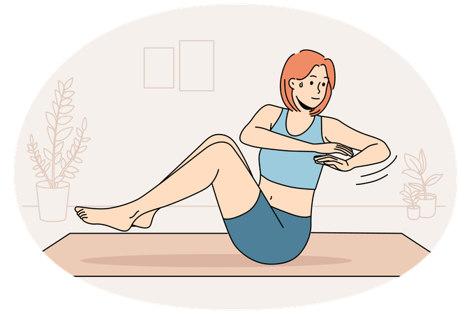 Young woman sweating doing exercises training on mat at home  Illustration