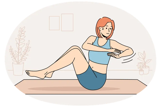 Young woman sweating doing exercises training on mat at home  Illustration