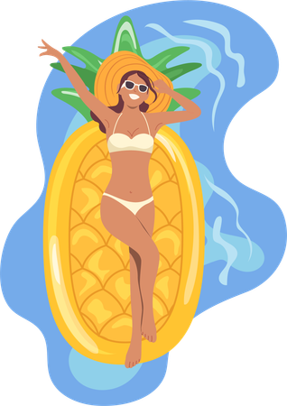 Young woman swimming in pool enjoying tropical leisure summertime above view  Illustration