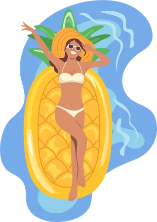 Young woman swimming in pool enjoying tropical leisure summertime above view  Illustration