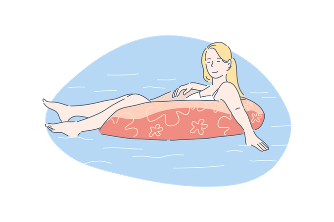 Young woman swimming with rubber ring  Illustration