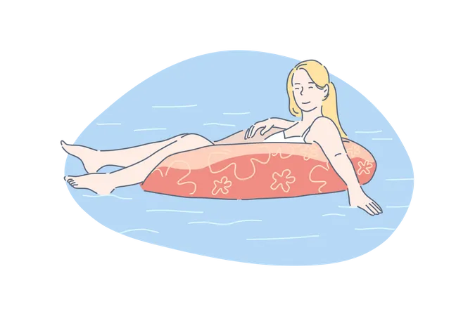 Young woman swimming with rubber ring  Illustration