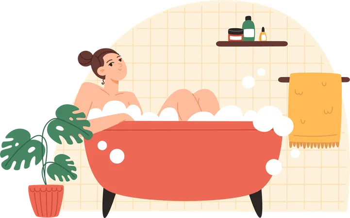 Young Woman Taking A Bath With Foam Flat Style Illustration Illustration