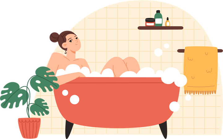 Young woman taking a bath with foam  Illustration