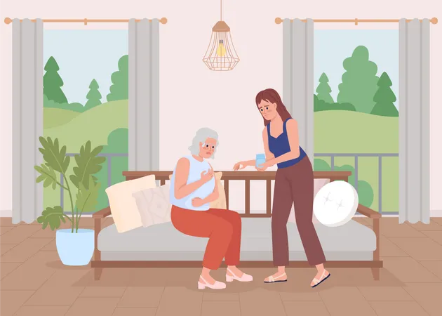 Young woman taking care of grandmother Illustration