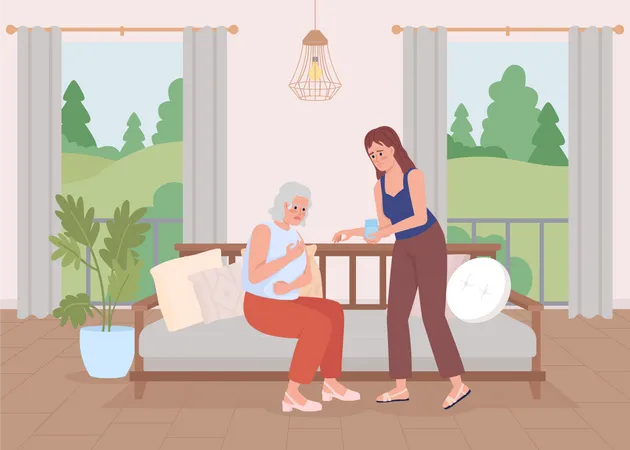 Young woman taking care of grandmother  Illustration