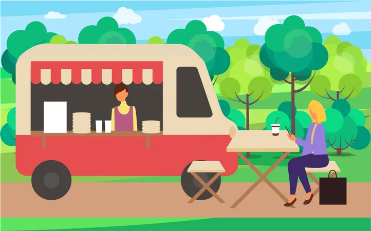 Young woman taking coffee from coffee truck  Illustration