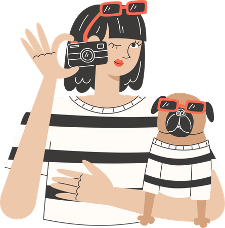 Young Woman Taking Mirror Selfie with Her Pug Dog in Matching Outfits  Illustration