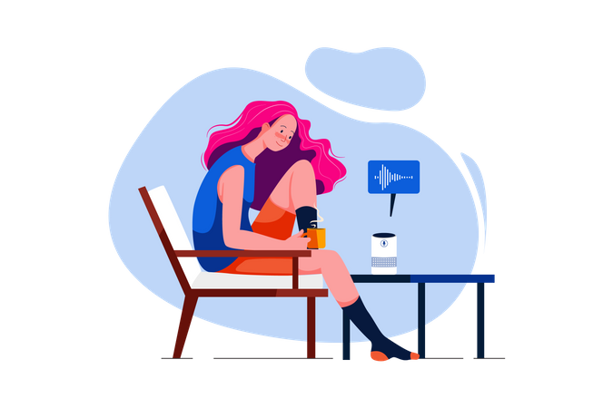 Young Woman talk to voice assistant at home and relaxing  Illustration