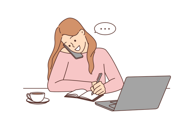 Young woman talking on mobile and write notes Illustration