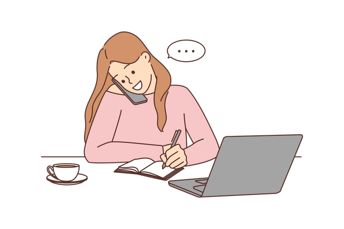 Young woman talking on mobile and write notes  Illustration