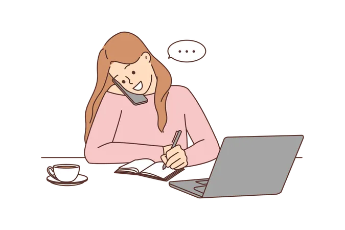 Young woman talking on mobile and write notes  Illustration