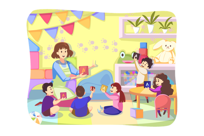 Young woman teacher playing letter cubes with happy preschoolers kids together in playroom  일러스트레이션