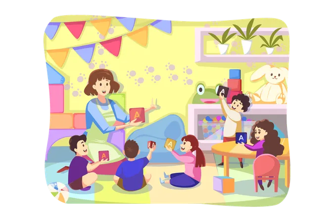 Game Care Kindergarten Concept Young Woman Teacher Playing Letter Cubes With Happy Preschoolers Kids Boys Girls Together In Playroom Caring About Children And Education Or Teaching Illustration Illustration