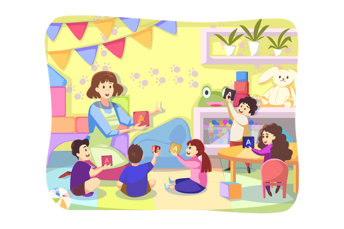 Young woman teacher playing letter cubes with happy preschoolers kids together in playroom  Illustration