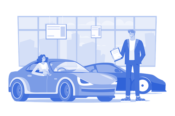 Young Woman Testing A Car In A Car Showroom  イラスト