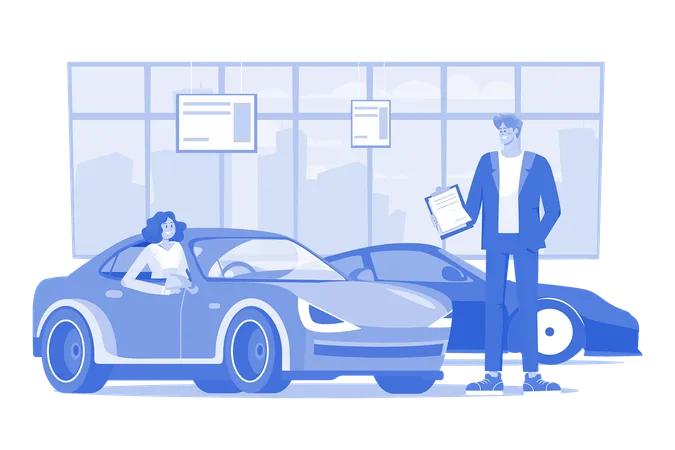 Young Woman Testing A Car In A Car Showroom  イラスト