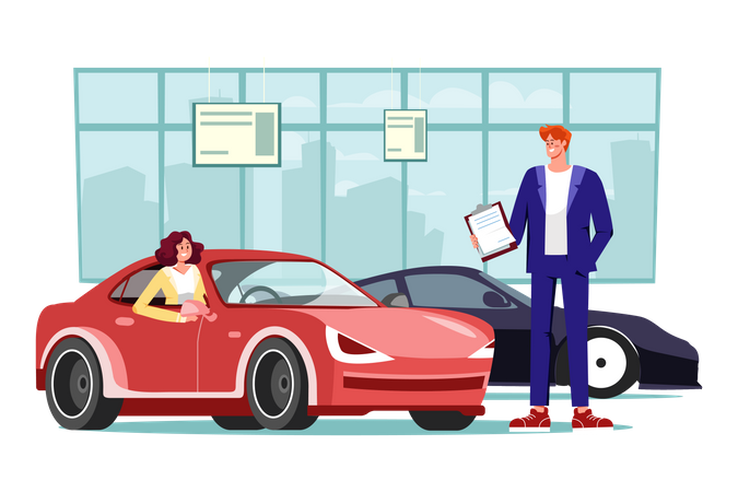 Young woman testing a car in a car showroom  Illustration