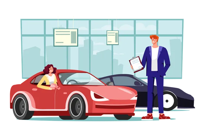 Young woman testing a car in a car showroom  Illustration