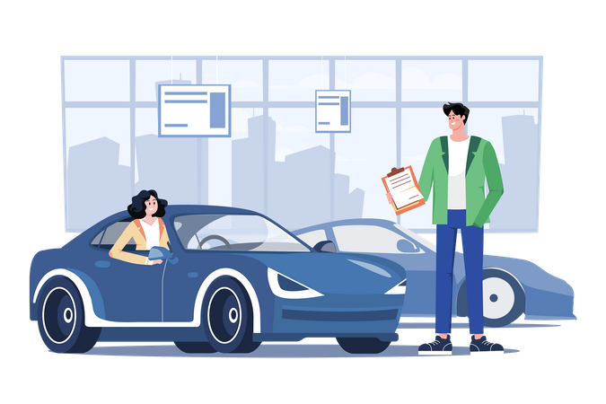 Young Woman Testing A Car In A Car Showroom  Illustration