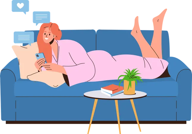 Young woman texting message in mobile phone while rest lying on sofa at home  Illustration