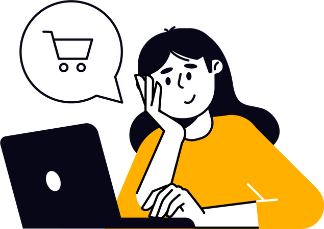 Young woman thinking about online shopping  イラスト