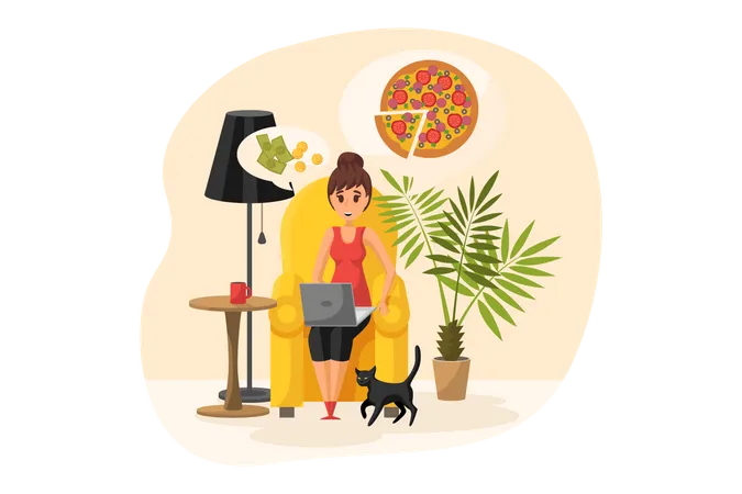 Young woman thinking about ordering pizza online  Illustration