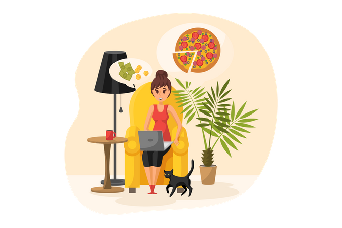 Young woman thinking about ordering pizza online  Illustration