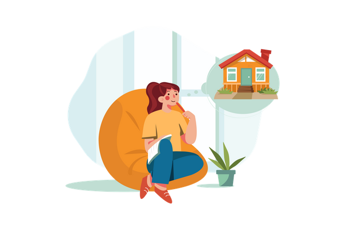 Young Woman Thinking About Purchasing a House Illustration