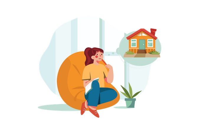 Young Woman Thinking About Purchasing a House  Illustration